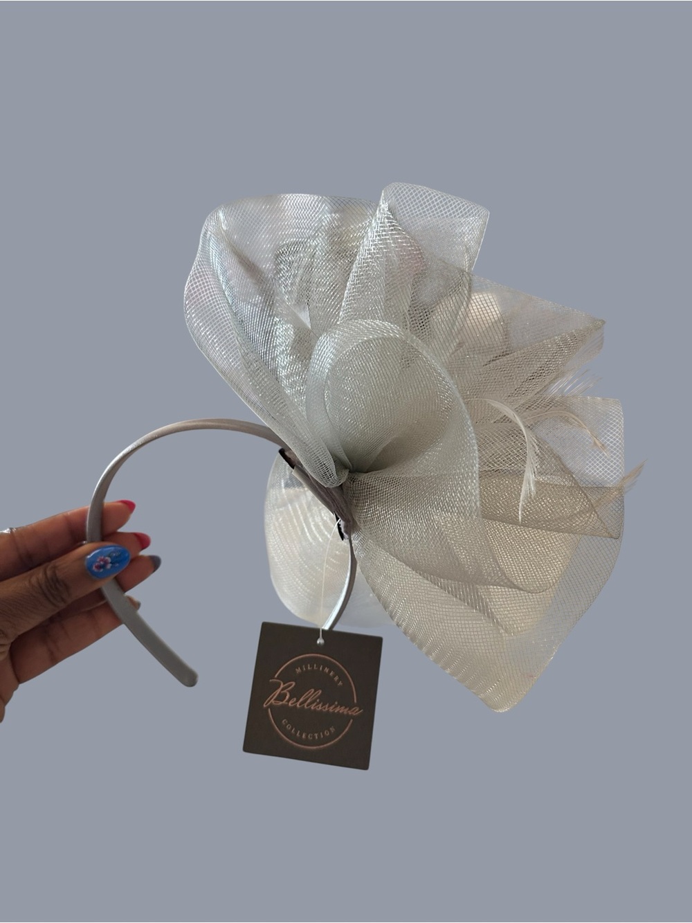 Bellissima Pale Grey Gathered Net Fascinator Headband Wedding Kentucky Derby - Picture 3 of 10